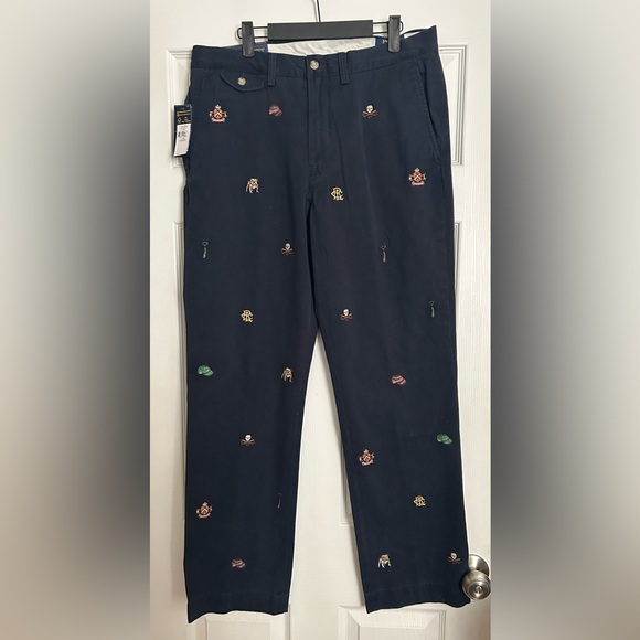 Polo Ralph Lauren NWT Varsity Bulldog Crest Navy Classic Fit Flat Front Pants 34